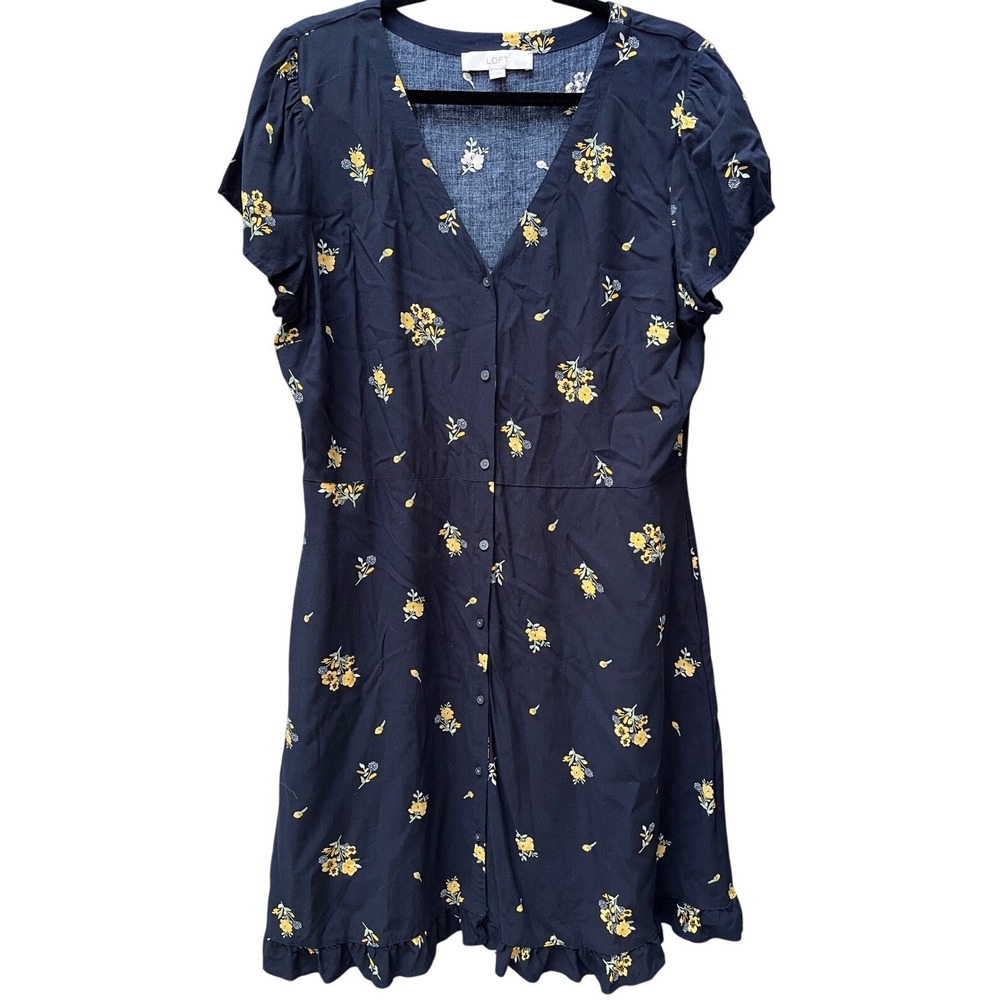LOFT W 14 Navy/Yellow Floral‎ Button Front Ruffle Dress EUC Cottagecore